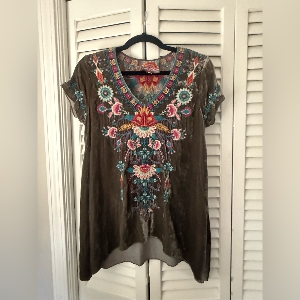 Johnny Was Olive Velvet Top with Multicolor Embroidery